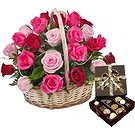 Osidda flowers  -  Basket of Pink Roses and Chocolates Flower Bouquet/Arrangement