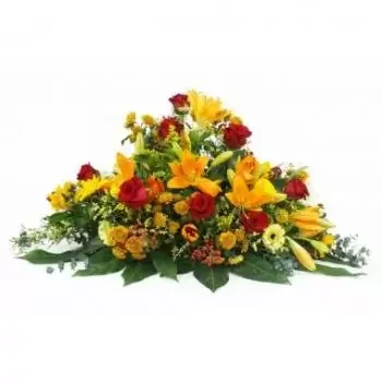 fleuriste fleurs de Toulouse- Raquette de deuil orange & rouge Hélios Fleur Livraison