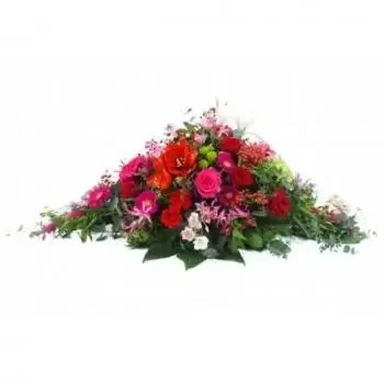 Pau bloemen bloemist- Rood, fuchsia & roze Korinthos rouwracket Boeket/bloemstuk