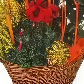 Στρασβούργο λουλούδια- Κόκκινη & κίτρινη πένθιμη σύνθεση Jardin d'Hi Μπουκέτο/ρύθμιση λουλουδιών