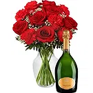 Case Lunghe flowers  -  Red Bouquet with Bottle of Champagne Flower Bouquet/Arrangement