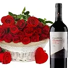 Osidda flowers  -  Basket of Red Roses with Wine and Soft Toys Flower Bouquet/Arrangement