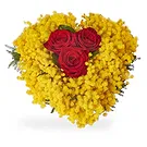 Italy flowers  -  Bouquet of Three Red Roses with Mimosa Flower Bouquet/Arrangement
