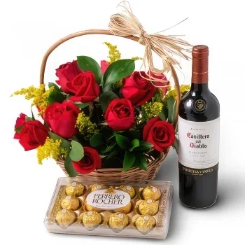 flores el Salvador floristeria -  Cesta con 15 rosas rojas, chocolate y vino ti Ramo de flores/arreglo floral