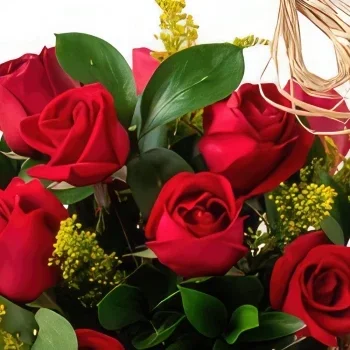 fortaleza kukat- Kori 15 punaisella ruusulla, suklaalla ja pun Kukka kukkakimppu