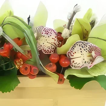 Pau-virágok- Santa Ana zöld fekvő kompozíció Virágkötészeti csokor