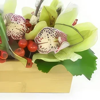 Lyon-virágok- Santa Ana zöld fekvő kompozíció Virágkötészeti csokor