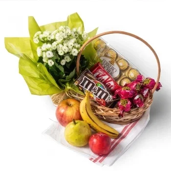Salvador blomster- Kurv med sjokolade, frukt og blomster Blomsterarrangementer bukett