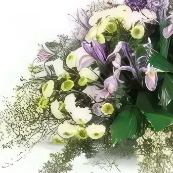 Бордо цветя- Тържествена лилаво-бяла траурна композиция Букет/договореност цвете