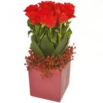 Pau-virágok- Négyzet alakú vörös rózsák összetétele Virágkötészeti csokor