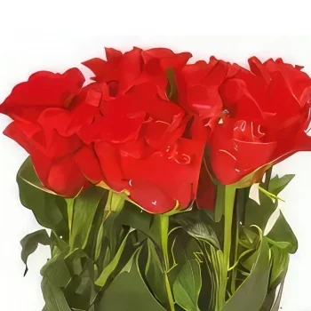 Pau-virágok- Négyzet alakú vörös rózsák összetétele Virágkötészeti csokor