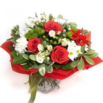 Бордо цветя- Букет изненада на червено-бял цветар Букет/договореност цвете