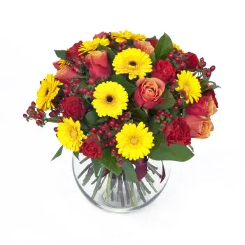 시칠리아 꽃- 노란 거베라와 오렌지 레드 로스의 꽃다발