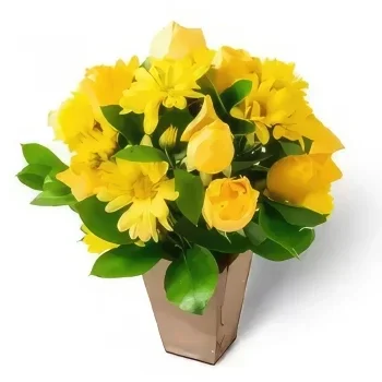 Fortaleza bunga- Susunan Daisies Kuning dan Mawar Sejambak/gubahan bunga