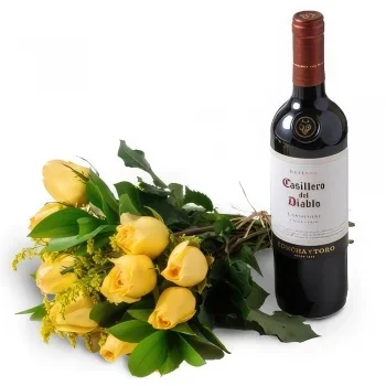 Belém kvety- Kytica 15 žltých ruží a červeného vína Aranžovanie kytice