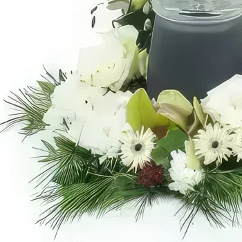 fiorista fiori di Montpellier- Corona di fiori bianchi per un'urna funeraria Bouquet floreale
