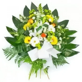 Бордо цветя- Венец от жълти оранжеви и бели цветя Букет/договореност цвете