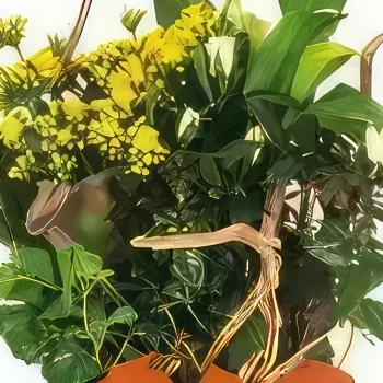 Pau-virágok- Sárga-fehér gyászkompozíció Intenzitás Virágkötészeti csokor